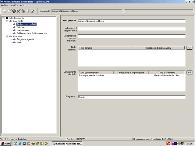 Maschera di inserimento dati catalografici